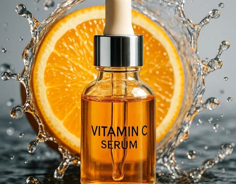 Vitamin C Serum Bottle with Fresh Orange and Water Splash